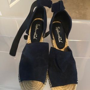 Blue suede espadrille wedges